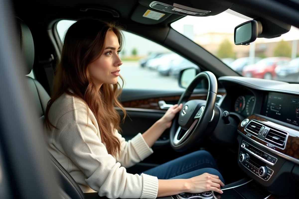 Jeune femme inspecte le tableau de bord d