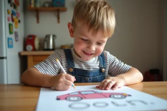 Garçon de 7 ans coloriant une voiture dessinée