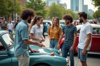 Groupe d'amateurs de voitures classiques lors d'un rassemblement urbain