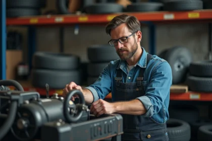 Homme en atelier automobile avec outils et pneus