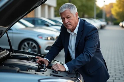 Homme d'âge moyen examine le moteur d'une voiture de luxe en extérieur
