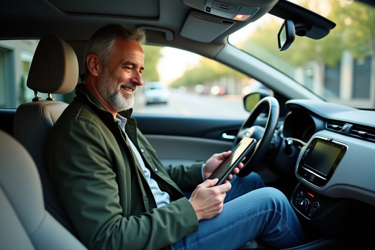 Homme souriant lisant un document sur tablette dans sa voiture