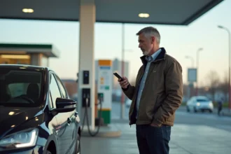 Homme d'âge moyen vérifiant son smartphone à la station essence