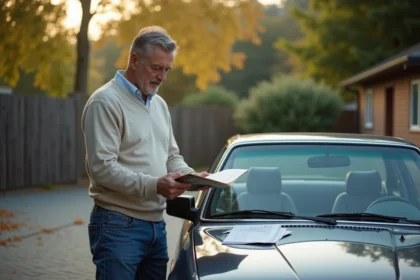 Homme d'âge moyen examinant des papiers près d'une BMW ancienne