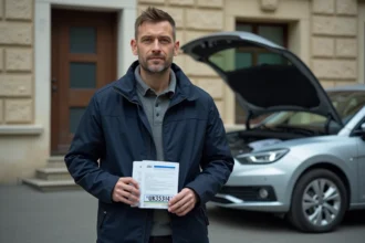 Homme avec documents de voiture devant préfecture française