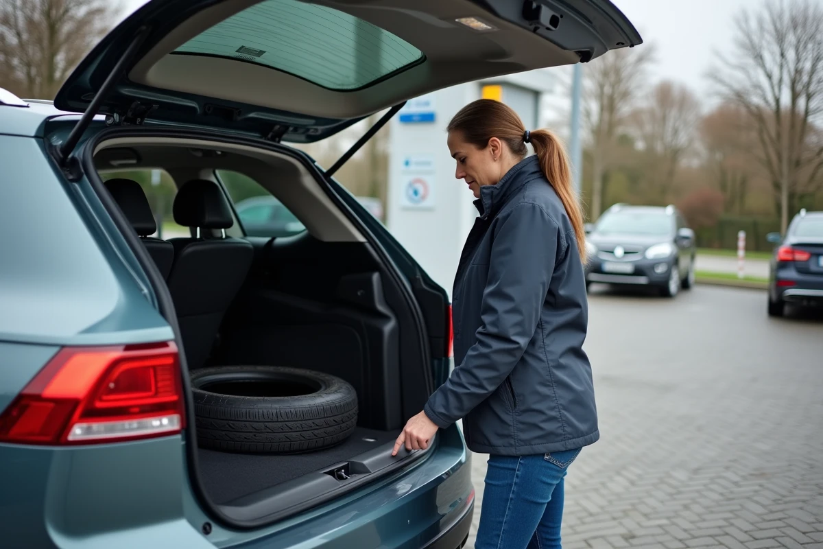 Femme observe un inspecteur vérifiant le pneu d’un SUV en extérieur