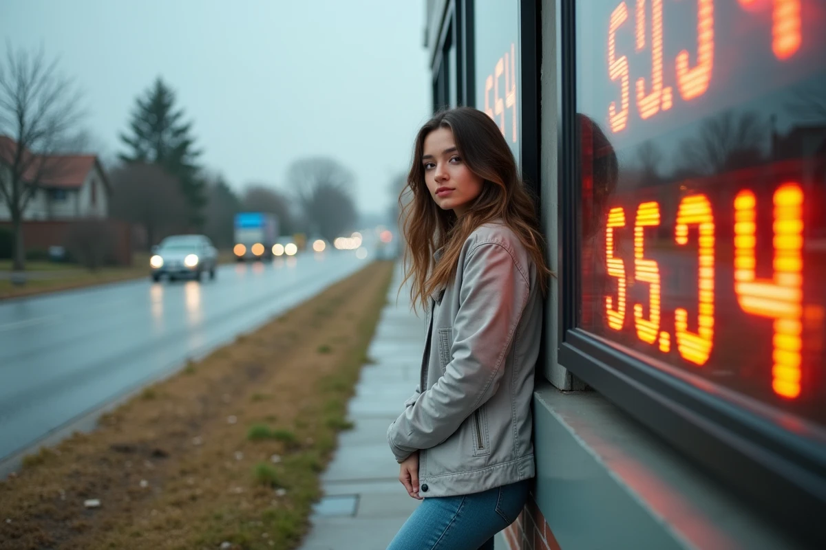 Jeune femme regardant les prix du carburant à la station essence