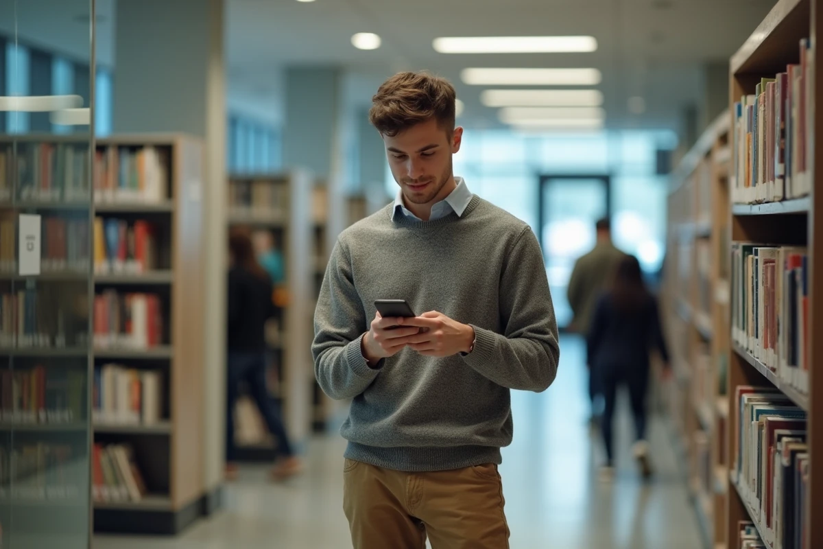 Jeune homme dans une bibliothèque contemporaine lisant sur son smartphone