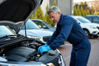Mécanicien homme inspectant un moteur de Qashqai en extérieur