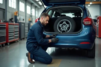 Technicien automobile examine un pneu dans un garage moderne