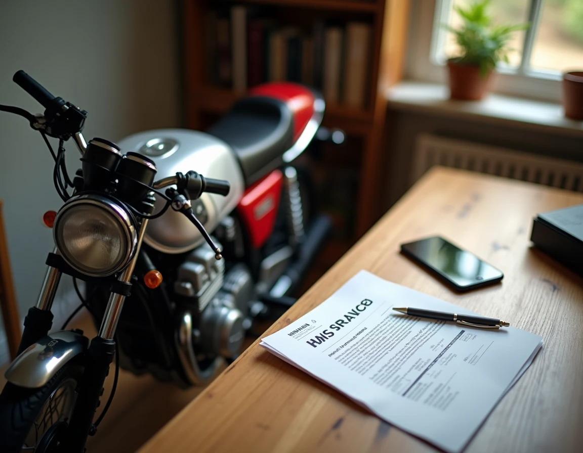 Honda CB900 ancienne à côté d'une table avec documents d'assurance et smartphone, illustration de la démarche d'assurance d'une moto de collection de plus de 20 ans