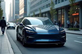 Berline électrique chinoise bleue métallisée garée dans une rue urbaine moderne de Shanghai