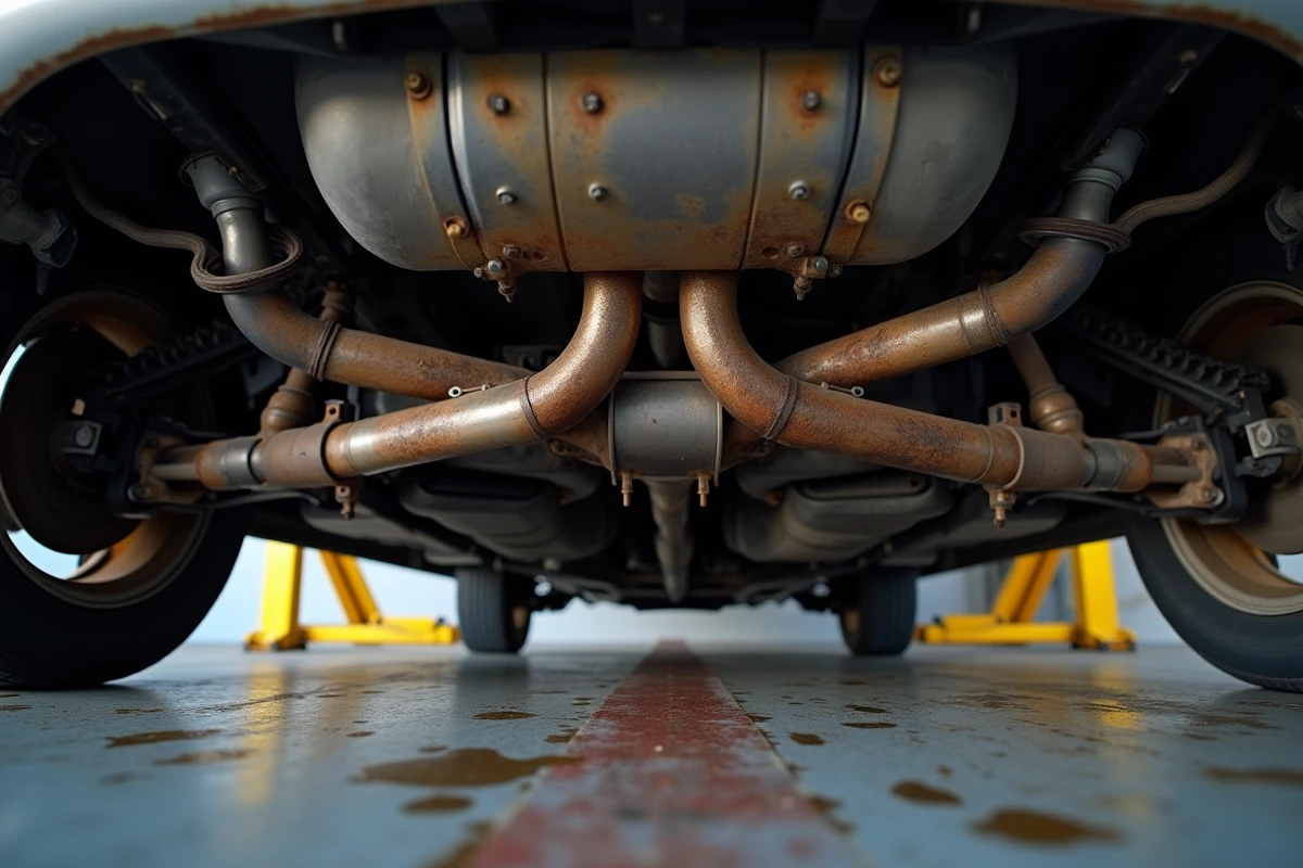 Système d'échappement et catalyseur usé sous une Peugeot 207 soulevée sur un pont de garage