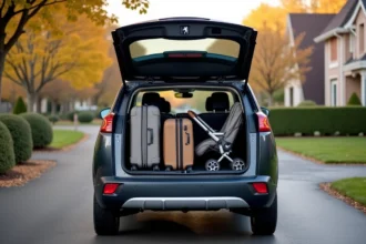 Coffre ouvert d'un Peugeot 3008 chargé de valises et d'une poussette par une famille dans une allée résidentielle