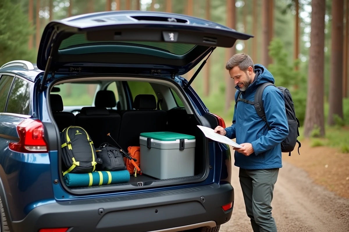 Coffre du Peugeot 3008 chargé de matériel de randonnée au départ d'un sentier forestier avec un homme consultant une carte