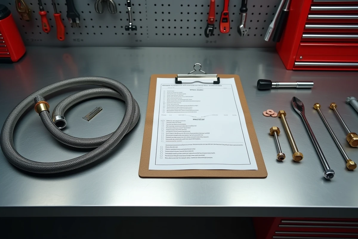 Comparaison durite aviation tressée et durite standard avec check-list track day sur établi d'atelier