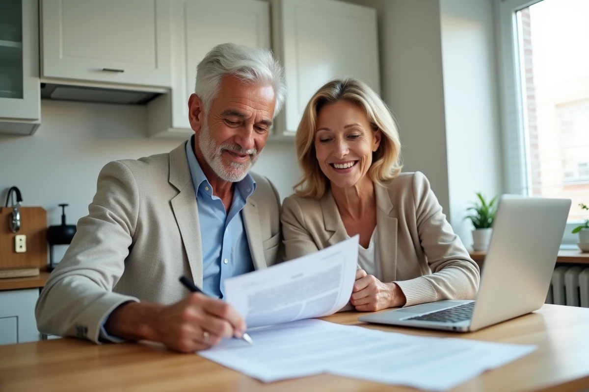 Couple signant des documents administratifs de cession de vente à une table de cuisine avec un ordinateur portable ouvert