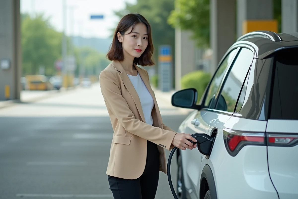 Femme chargeant un SUV électrique chinois blanc dans une station de recharge autoroutière