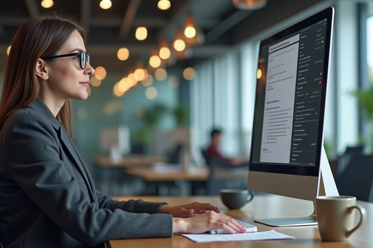 Femme remplissant une déclaration en ligne de cession de vente sur un ordinateur de bureau dans un bureau moderne