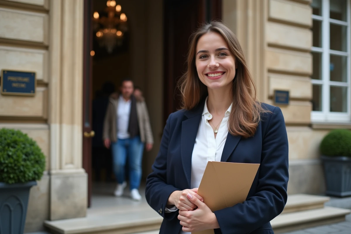 Jeune femme souriante devant la préfecture avec dossier et formulaire