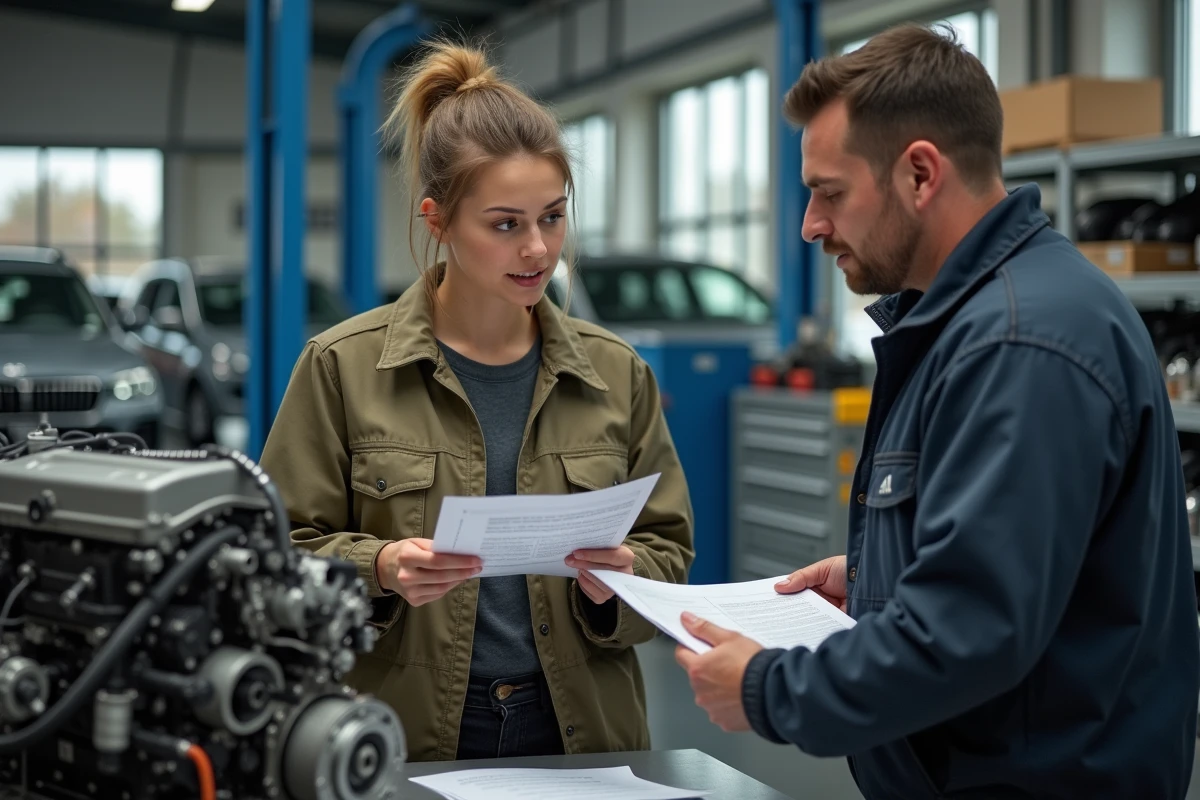 Jeune femme vérifiant un moteur HDI avec un mécanicien dans un bureau