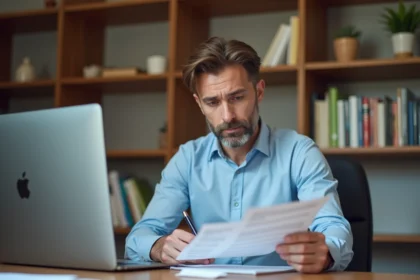 Homme consultant un document PDF de cession de vente posé sur un bureau en bois avec un stylo à la main