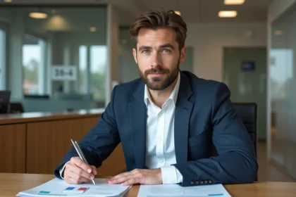 Homme en costume arrangeant des documents officiels dans un bureau moderne