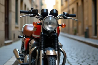 Honda CB900 vintage garée sur des pavés dans une rue de ville française, vue trois quarts avant mettant en valeur le phare rond et les détails chromés classiques
