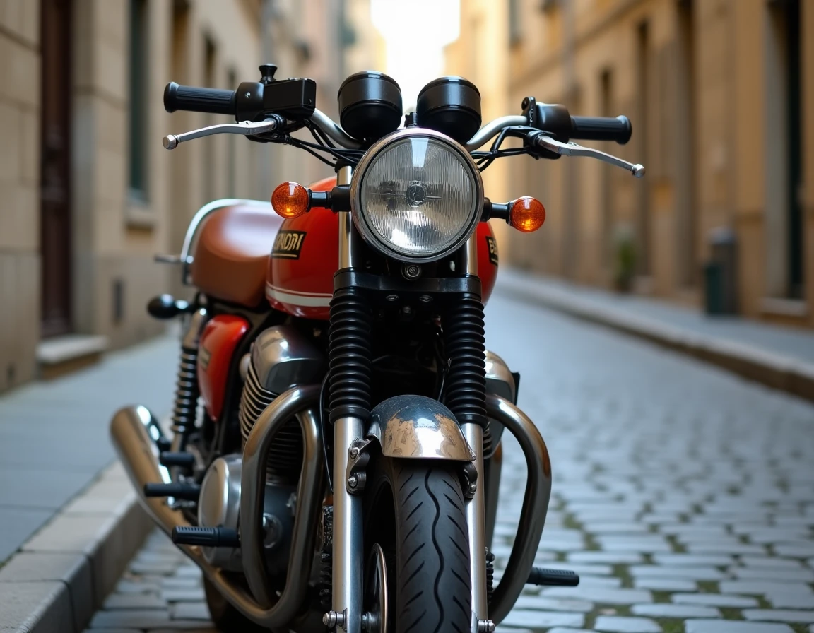 Honda CB900 vintage garée sur des pavés dans une rue de ville française, vue trois quarts avant mettant en valeur le phare rond et les détails chromés classiques