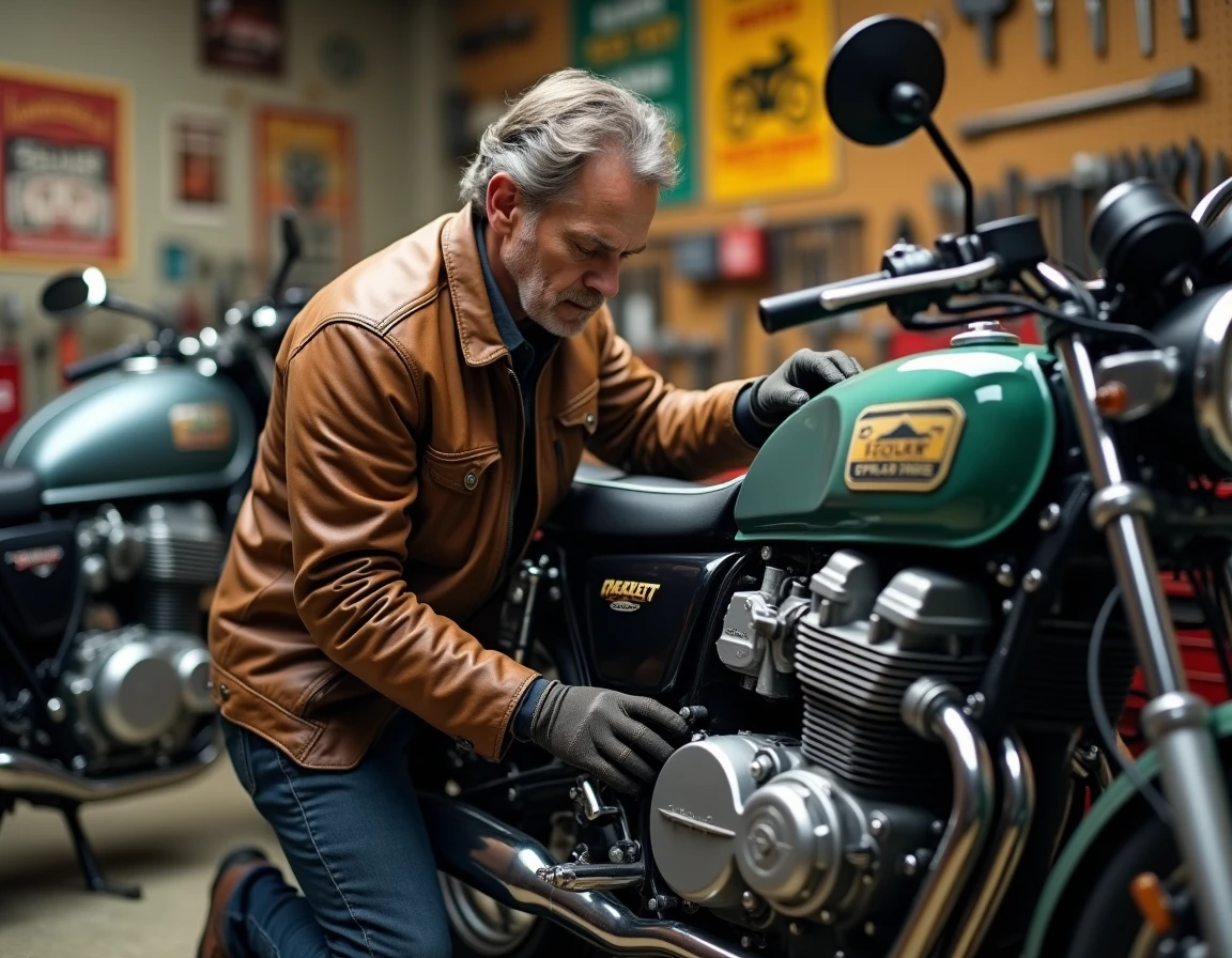 Propriétaire d'une Honda CB900 inspectant le moteur dans un garage moto indépendant, homme en veste de cuir examinant une moto classique de plus de 20 ans