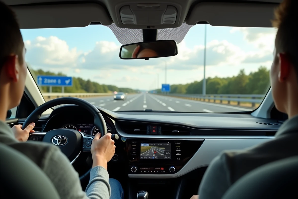 Intérieur Toyota Corolla depuis la banquette arrière avec vue sur le conducteur et le tableau de bord sur autoroute
