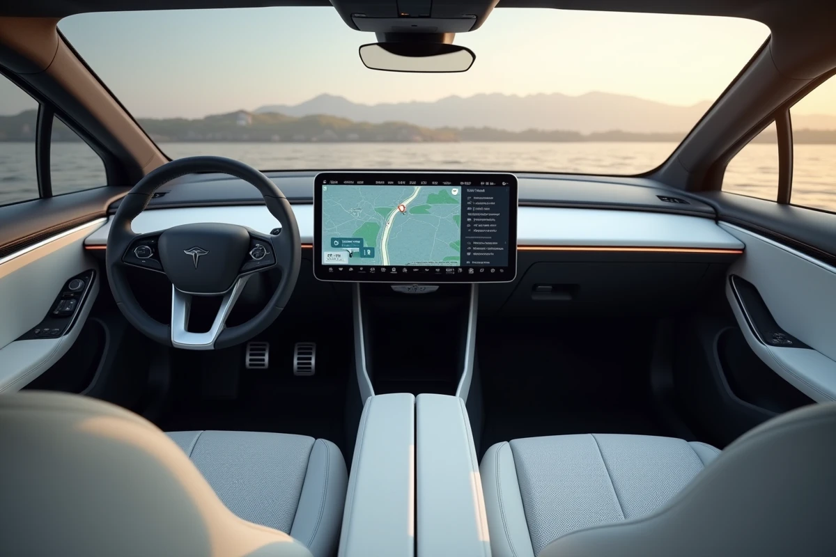 Intérieur minimaliste d'une voiture électrique chinoise avec grand écran tactile et sièges en cuir vegan