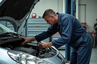 Mécanicien diagnostiquant le système antipollution défaillant d'une Peugeot 207 dans un garage automobile