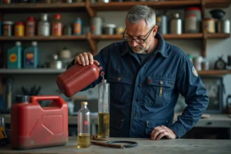 Mécanicien préparant un mélange essence huile deux temps dans un garage atelier avec bidon rouge et flacon doseur gradué