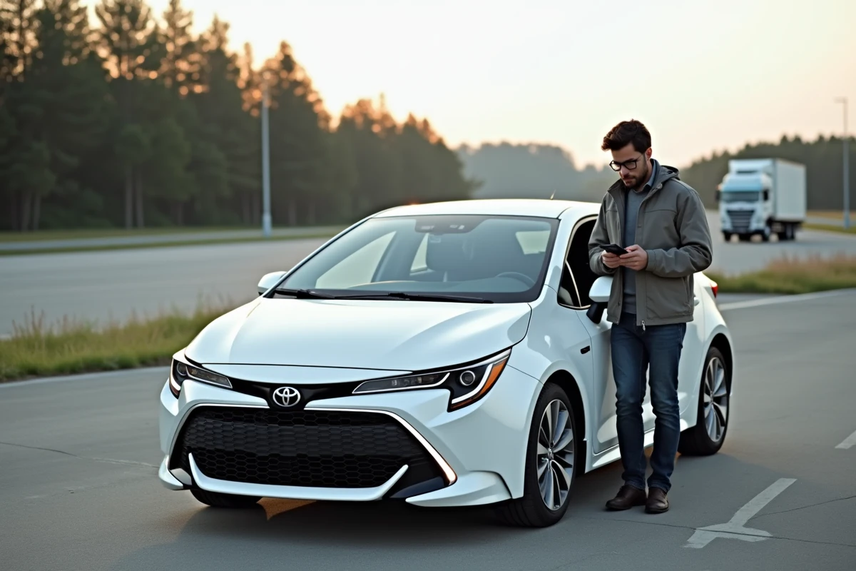 Conducteur faisant une pause à une aire d'autoroute à côté de sa Toyota Corolla blanche