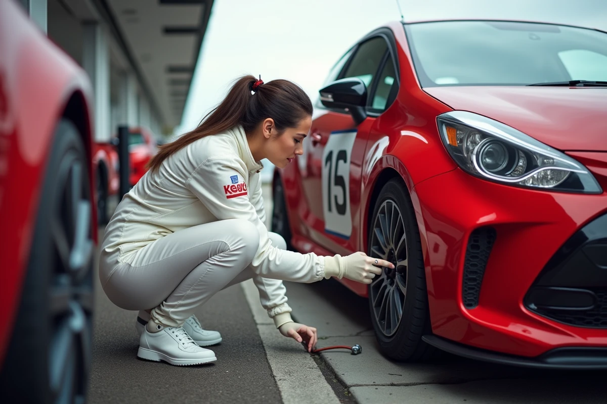 Pilote féminine vérifiant une durite de frein aviation sur sa voiture de circuit dans la voie des stands