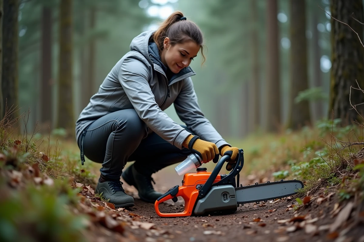 Femme ravitaillant une tronçonneuse avec un mélange essence huile deux temps en forêt lors d'une opération d'entretien