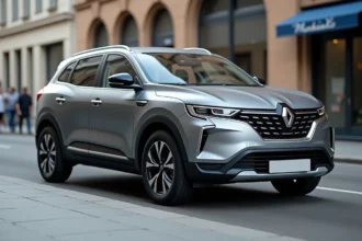Renault Symbioz gris rafale de profil en milieu urbain, reflets sur la carrosserie métallique