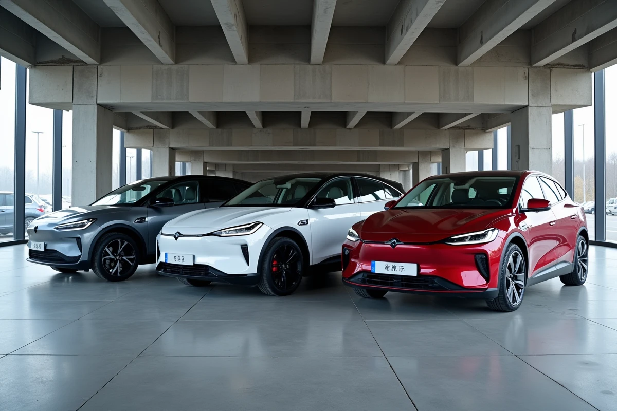 Trois modèles de voitures électriques chinoises alignés dans un showroom automobile européen