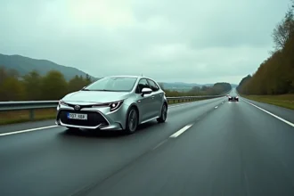Toyota Corolla argentée roulant sur l'autoroute française vue de côté en légère contre-plongée