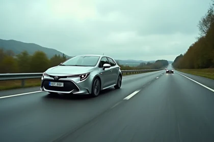 Toyota Corolla argentée roulant sur l'autoroute française vue de côté en légère contre-plongée