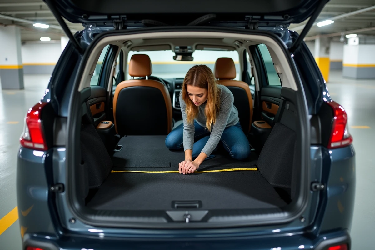 Femme mesurant la profondeur du coffre d'un Peugeot 3008 avec les sièges rabattus dans un parking souterrain