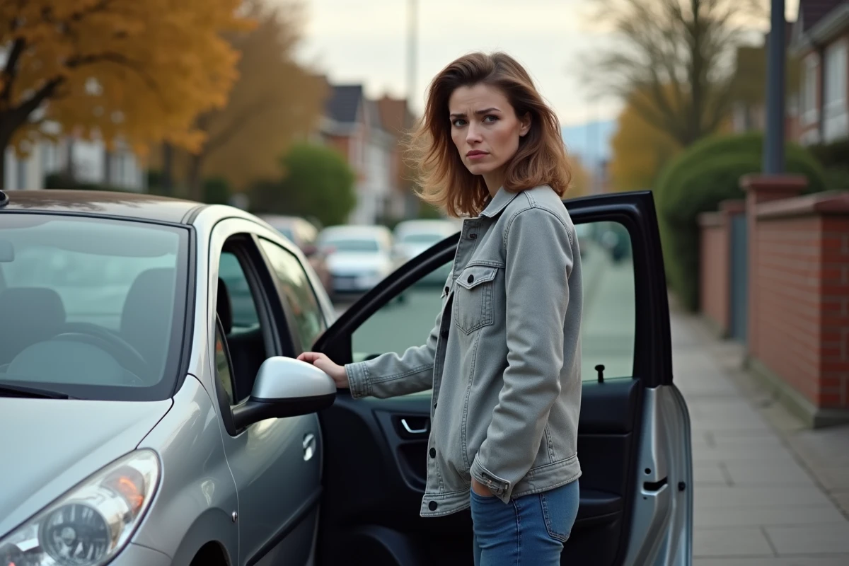 Femme inquiète face au voyant antipollution allumé sur le tableau de bord de sa Peugeot 207
