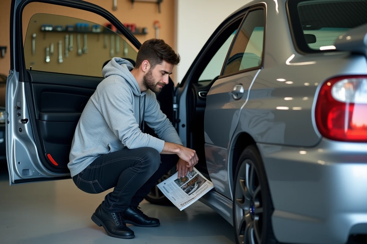 Jeune homme en sweat gris inspectant l'intérieur d'une Subaru Impreza WRX argent dans un garage propre, guide d'achat en main, vue de trois quarts