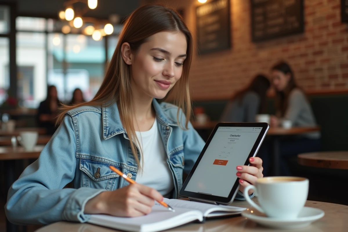 Jeune femme utilisant une calculatrice de conversion miles kilomètres sur tablette dans un café urbain