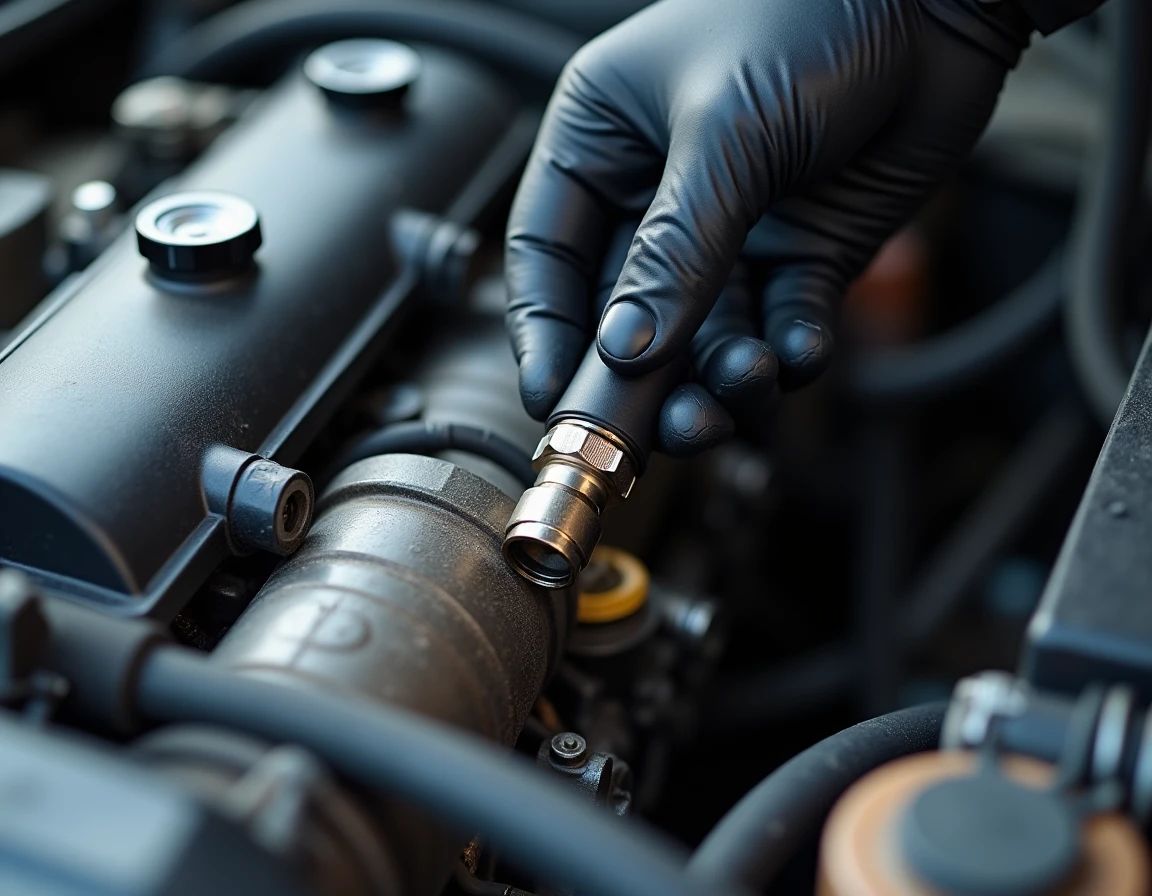 Gros plan sur le capteur de pression carburant et le rail haute pression d'un moteur Peugeot lors d'un diagnostic du code P0087