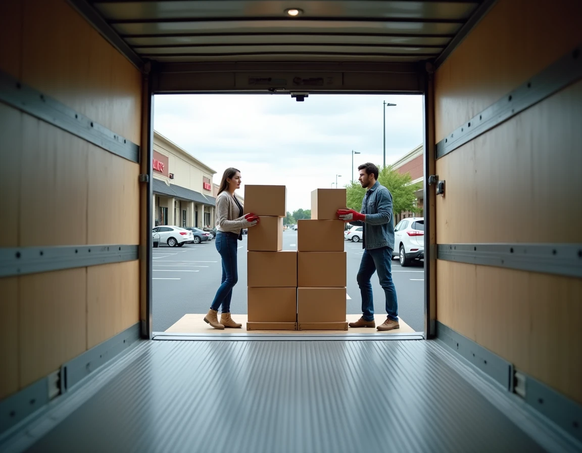 Couple chargeant des cartons dans un camion 20m3 avec hayon pour un déménagement longue distance