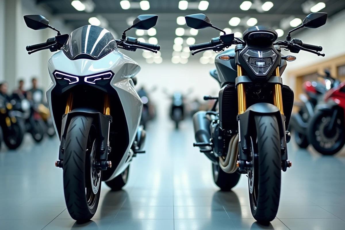 Comparaison côte à côte d'une moto électrique et d'une moto thermique en showroom