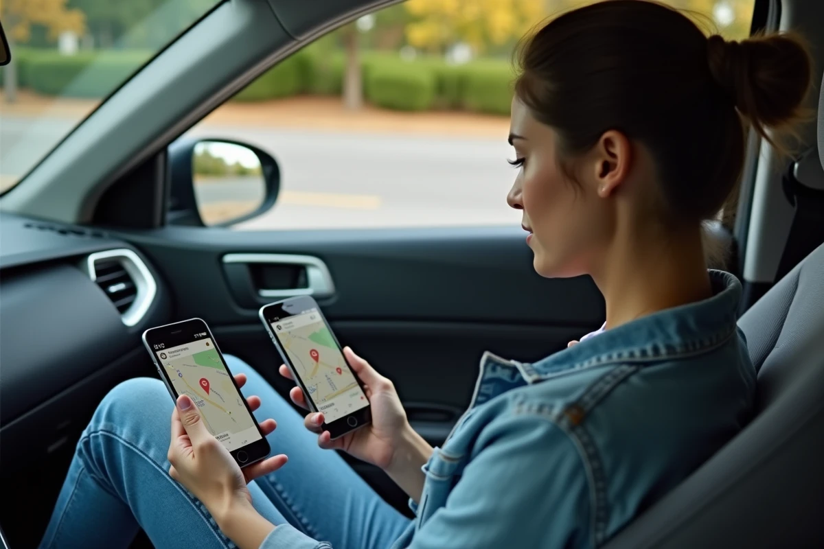 Femme comparant Google Maps et Waze sur smartphone avec affichage des radars côte à côte dans une voiture garée
