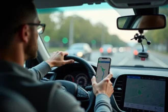 Conducteur consultant Google Maps sur smartphone monté sur tableau de bord avec icônes de radars visibles en navigation